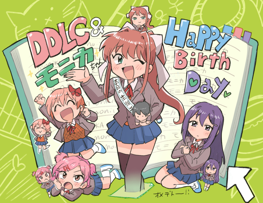 4girls arrow_(symbol) black_thighhighs blue_skirt blush_stickers book bow brown_jacket character_doll chibi closed_eyes copyright_name doki_doki_literature_club doll green_background green_eyes hair_bow hair_ornament hairclip happy_birthday highres holding holding_doll jacket jumping long_hair looking_at_viewer miniskirt monika_(doki_doki_literature_club) multiple_girls natsuki_(doki_doki_literature_club) necktie on_floor one_eye_closed open_book open_clothes open_jacket open_mouth pink_eyes pink_hair ponytail protagonist_(doki_doki_literature_club) purple_eyes red_necktie sayori_(doki_doki_literature_club) school_uniform serafuku short_hair skirt socks sparkling_aura thighhighs tsubobot white_socks yuri_(doki_doki_literature_club)