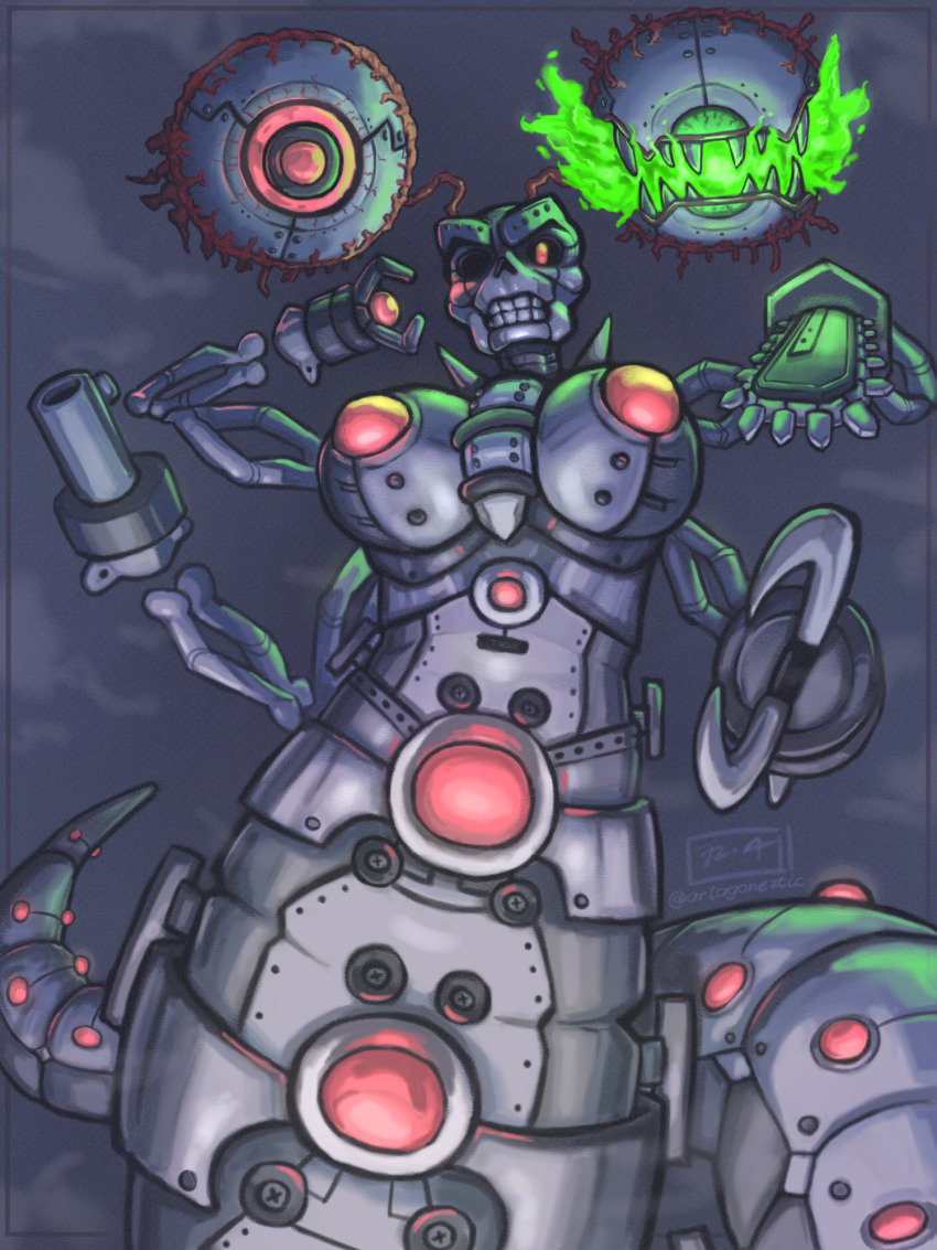 artagoneztic breasts cannon chainsaw disembodied_eye highres humanoid_robot lamia looking_at_viewer mechdusa monster_girl robot skull terraria