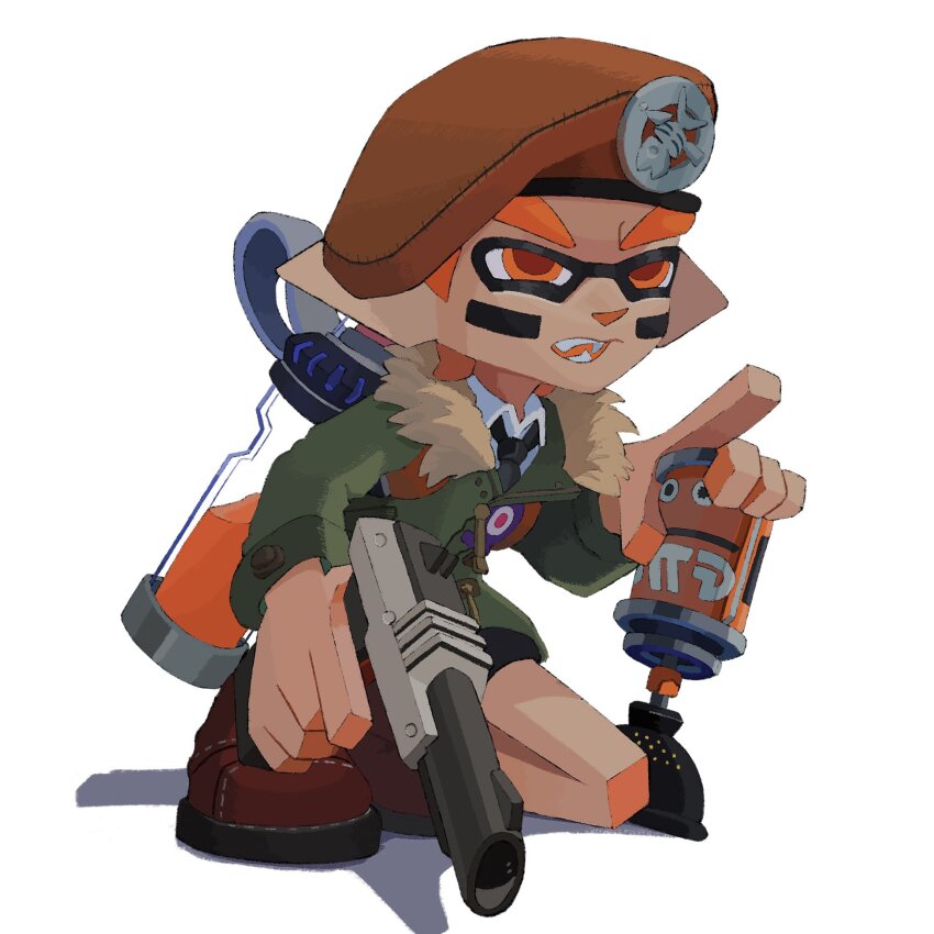 1boy beret black_necktie boots brown_footwear brown_hat coat collared_shirt fangs full_body green_coat hat highres holding hyper_chikuwabu ink_tank_(splatoon) inkling inkling_boy inkling_player_character long_sleeves male_focus n-zap_(splatoon) necktie nintendo on_one_knee open_mouth orange_eyes orange_hair pointy_ears red_pupils shadow shirt short_hair simple_background solo splatoon_(series) suction_bomb_(splatoon) teeth tentacle_hair white_background white_shirt