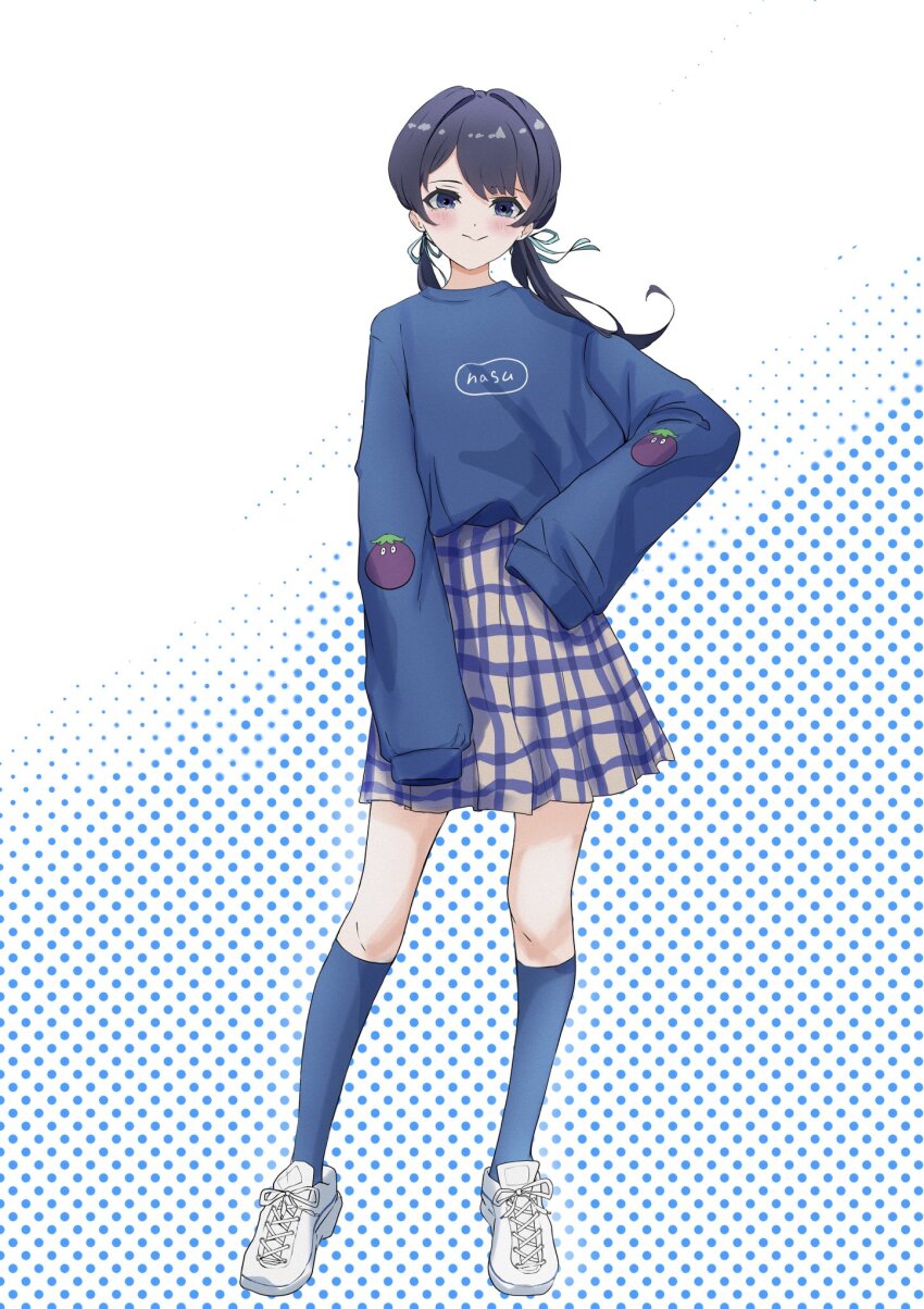 1girl alternate_costume blue_background blue_eyes blue_hair blue_ribbon blue_socks blue_sweater casual commentary dark_blue_hair full_body gingham_skirt hair_ribbon hashtag-only_commentary highres jin_(oihlf) kneehighs link!_like!_love_live! long_hair long_sleeves love_live! low_twintails miniskirt murano_sayaka polka_dot polka_dot_background ribbon shoes skirt sleeves_past_fingers sleeves_past_wrists sneakers socks solo sweater twintails virtual_youtuber white_background white_footwear