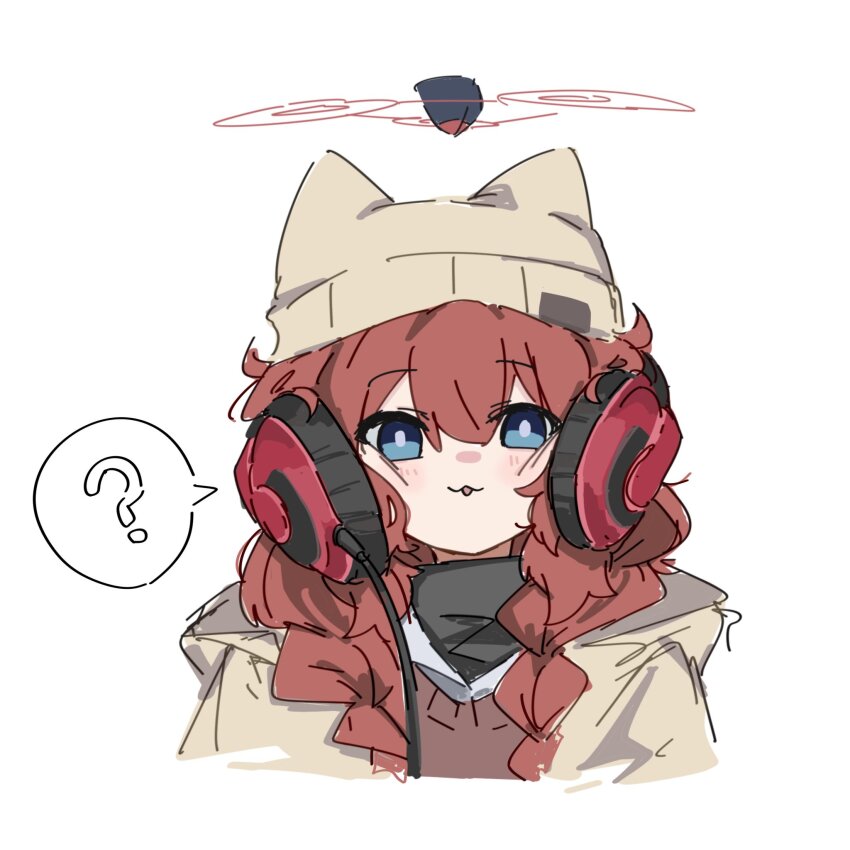 1girl ? beanie blue_archive blue_eyes blush braid brown_hat brown_jacket brown_vest halo hat headphone_cat_(meme) headphones highres jacket long_hair maki_(blue_archive) maki_(camp)_(blue_archive) meme official_alternate_costume official_alternate_hairstyle open_mouth pusen_(puuu_sen555) red_hair red_halo shirt simple_background solo speech_bubble spoken_question_mark twin_braids upper_body vest white_background white_shirt