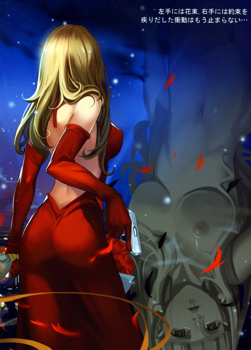 1girl absurdres alphonse_(white_datura) ass back backless_dress backless_outfit blonde_hair breasts completely_nude dress elbow_gloves elysion female_focus flower from_behind gloves gun handgun highres long_dress long_hair nude petals pistol pocket_pistol red_dress reflection rose semi-automatic_pistol solo sound_horizon stardust walther weapon