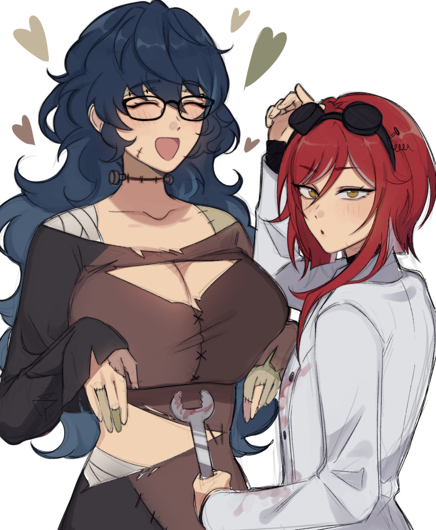 2girls aoba_tsumugi blue_hair blush breasts cleavage closed_eyes cosplay ensemble_stars! frankenstein&#039;s_monster frankenstein&#039;s_monster_(cosplay) genderswap genderswap_(mtf) glasses goggles goggles_on_head heart highres lab_coat large_breasts long_hair lummy_yummy multicolored_hair multiple_girls open_mouth red_hair sakasaki_natsume short_hair_with_long_locks sketch smile wavy_hair white_background white_hair yellow_eyes