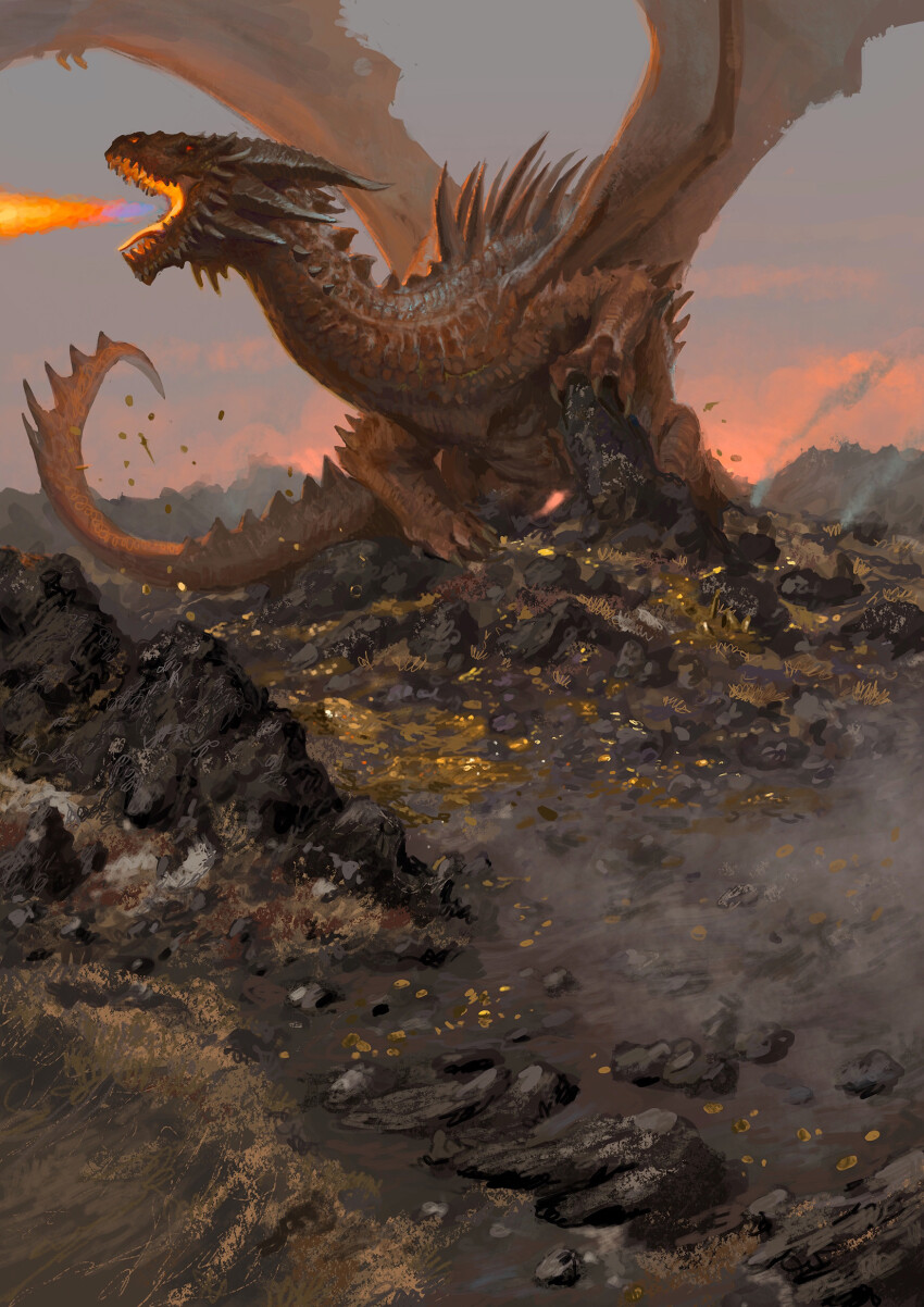 andrea_piparo animal_focus breath_weapon breathing_fire cloud dragon fantasy fire full_body highres horns monster no_humans on_rock open_mouth original outdoors painterly realistic red_eyes rock sharp_teeth sky solo tail teeth western_dragon wings