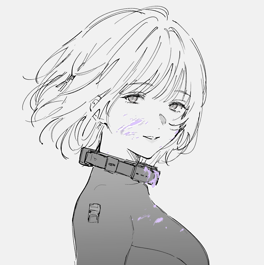 1girl asawa_(dm_owr) blood blood_on_face bodysuit breasts collar commentary_request from_side girls&#039;_frontline highres large_breasts looking_at_viewer looking_to_the_side metal_collar monochrome purple_blood rpk-16_(girls&#039;_frontline) short_hair sketch smile solo spot_color upper_body