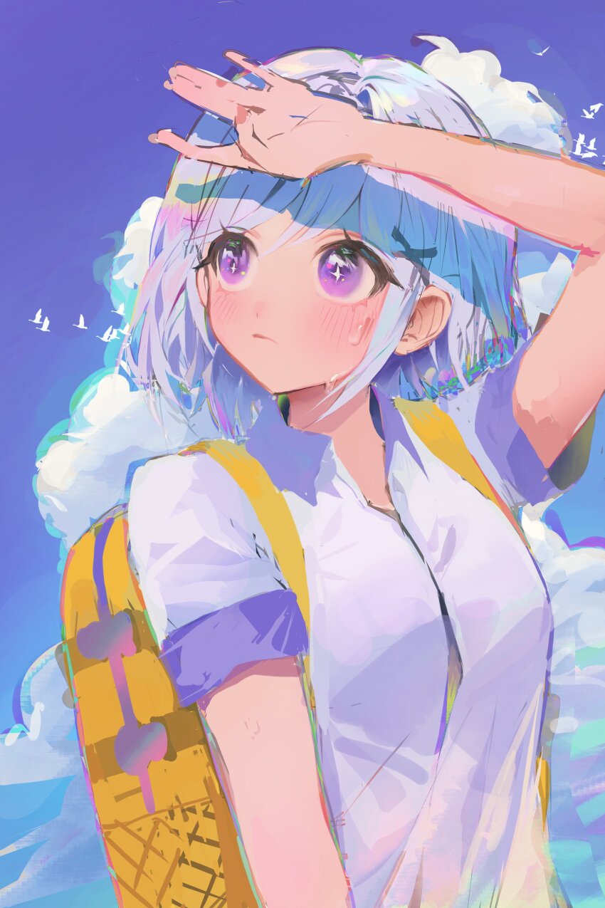 +_+ 1girl absurdres arm_up ayatsuno_yuni backpack bag bird bob_cut cloud cloudy_sky grey_hair highres purple_eyes purple_sky short_hair short_sleeves sky solo stellive sweat upper_body yamada_dickson yellow_bag