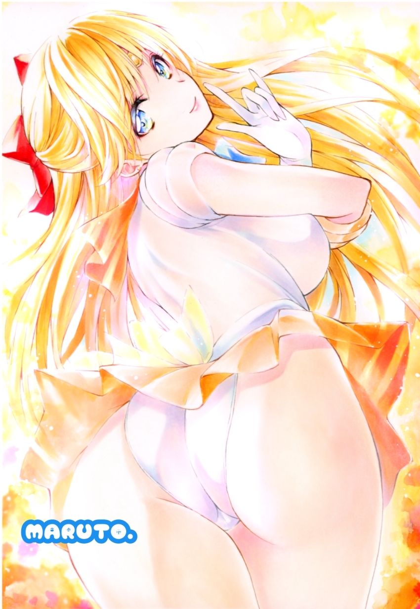 1girl \m/ aino_minako artist_name ass bishoujo_senshi_sailor_moon blonde_hair blue_eyes bow breasts closed_mouth commentary_request elbow_gloves from_behind gloves hair_bow highleg highres jewelry leotard leotard_peek leotard_under_clothes lips long_hair looking_at_viewer looking_back magical_girl medium_breasts miniskirt orange_skirt pleated_skirt red_bow redrawn sailor_senshi_uniform sailor_venus skirt sleeveless smile solo thighs tiara traditional_media watermark white_gloves white_leotard yqgkg