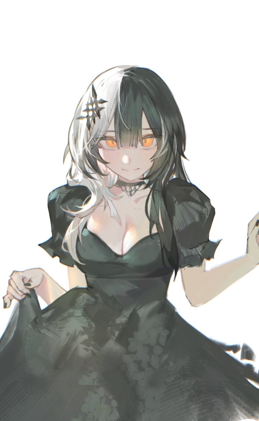 1girl black_choker black_dress black_hair black_nails breasts choker cleavage dress grey_hair hair_ornament highres hololive hololive_english lace lace_choker large_breasts long_hair looking_at_viewer lucadark_art multicolored_hair puffy_short_sleeves puffy_sleeves shiori_novella short_sleeves simple_background skirt_hold solo split-color_hair virtual_youtuber white_background yellow_eyes