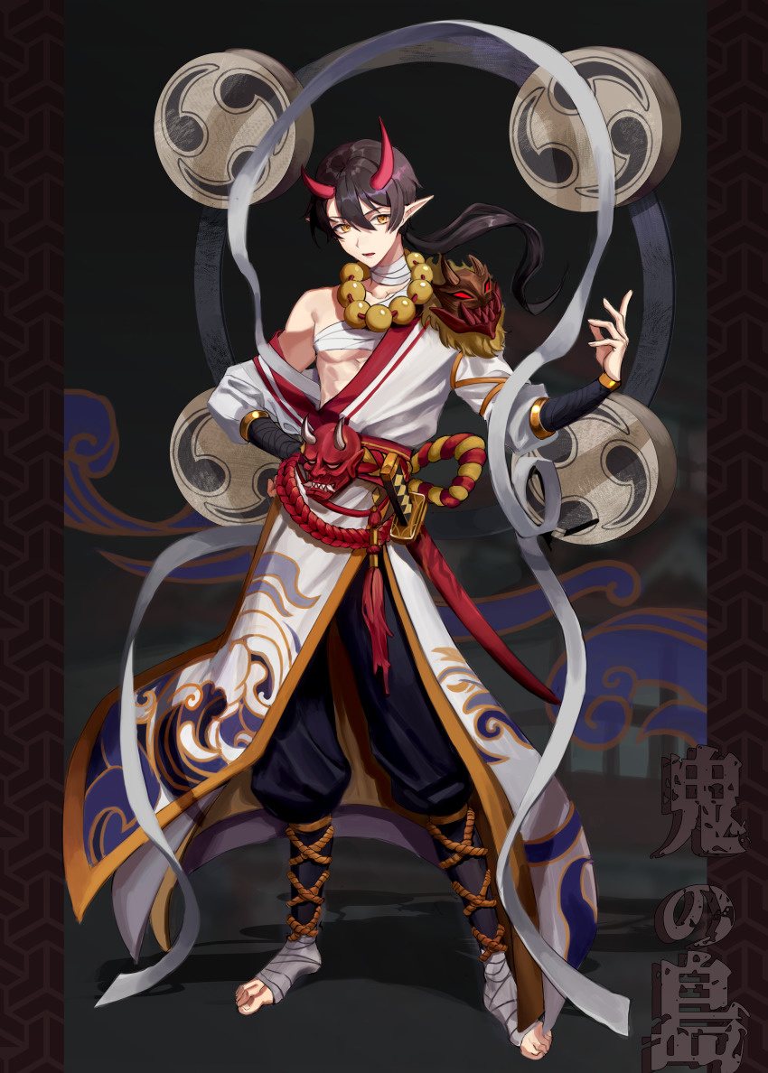 1boy absurdres armor bandaged_foot bandaged_neck bandages bare_shoulders bead_necklace beads brown_hair chap_yun hair_between_eyes hand_on_own_hip highres horns huge_filesize jewelry katana long_hair magatama male_focus mask unworn_mask necklace off_shoulder oni oni_horns open_mouth original pauldrons pointy_ears red_horns scabbard sheath sheathed shoulder_armor single_pauldron solo standing sword toenails weapon yellow_eyes