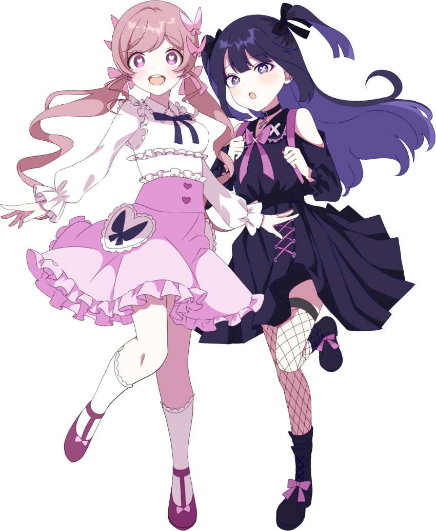 2girls :d :o anda_(tuyu) anhiro_(tuyu) ankle_socks bare_shoulders black_bow black_bowtie black_choker black_footwear black_hair black_ribbon blush boots bow bowtie bright_pupils bug butterfly butterfly_hair_ornament choker clothing_cutout collared_shirt cross cross_choker dot_nose ear_piercing earrings eyelashes eyeshadow fishnet_thighhighs fishnets frilled_shirt frilled_shirt_collar frilled_skirt frills full_body hair_bow hair_ornament heart heart-shaped_pupils heart_earrings highres hutaba_haru insect jewelry jirai_kei long_hair long_sleeves looking_at_viewer low_twintails makeup multicolored_hair multiple_girls official_art open_mouth piercing pink_bow pink_butterfly pink_eyes pink_eyeshadow pink_footwear pink_hair pink_skirt purple_bow purple_eyes purple_eyeshadow purple_hair ribbon school_uniform serafuku shirt shoes shoulder_cutout simple_background skirt smile socks swept_bangs symbol-shaped_pupils thighhighs transparent_background tuyu_(band) twintails two-tone_hair under_heroine_(tuyu) under_kids wavy_hair white_pupils white_shirt white_socks x x-shaped_pupils