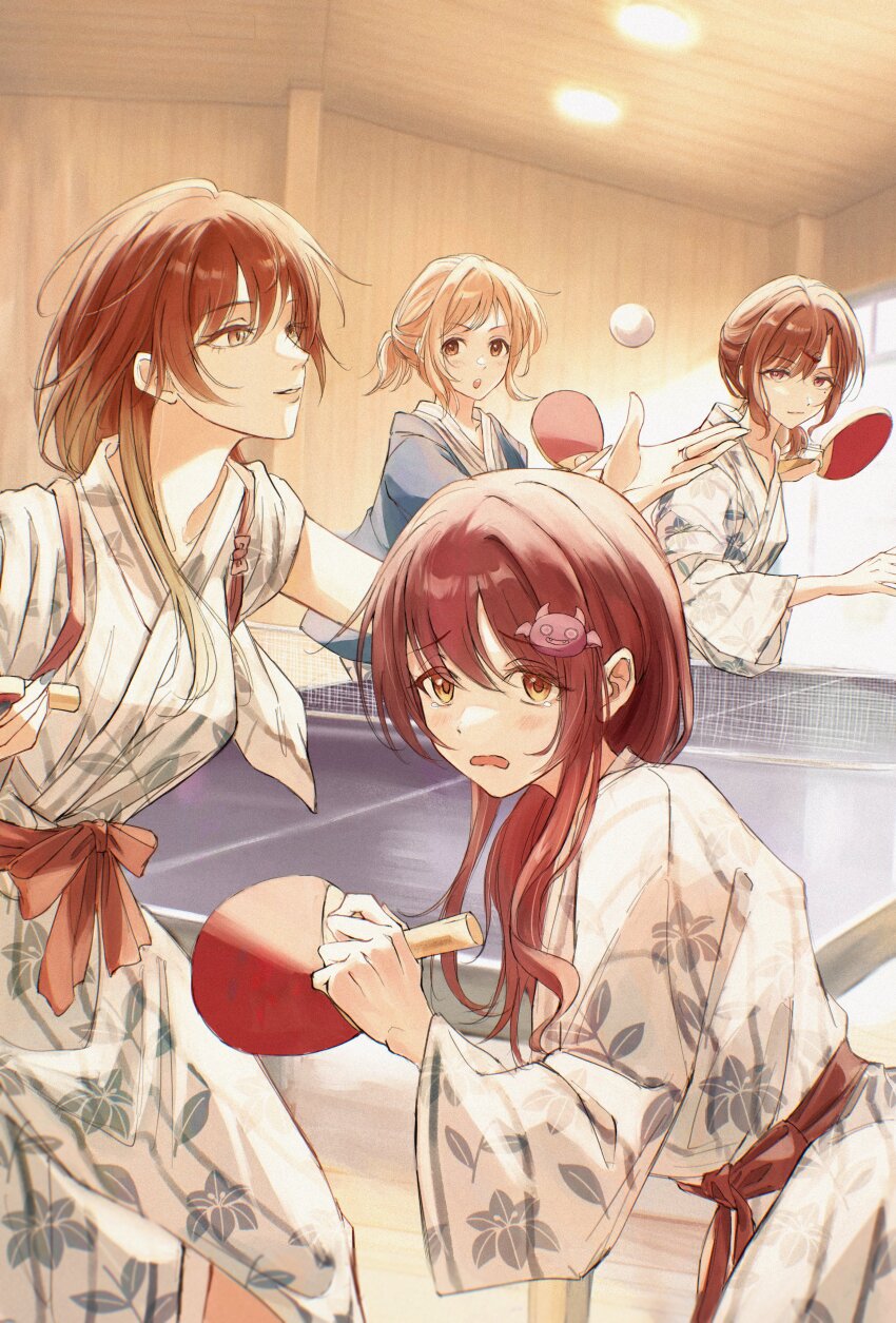 4girls absurdres aketa_mikoto ball blonde_hair blush brown_eyes brown_hair character_request closed_mouth floral_print hair_ornament hairclip highres higuchi_madoka holding_table_tennis_paddle idolmaster idolmaster_shiny_colors indoors japanese_clothes kimono looking_at_viewer mole mole_under_eye multiple_girls open_mouth orange_eyes osaki_tenka paddle parted_lips purple_eyes red_hair sakuragi_mano short_hair short_ponytail siblings sidelocks sisters sushizanmai_(sorahaaoi7) table_tennis table_tennis_ball table_tennis_net table_tennis_paddle teeth twins upper_teeth_only