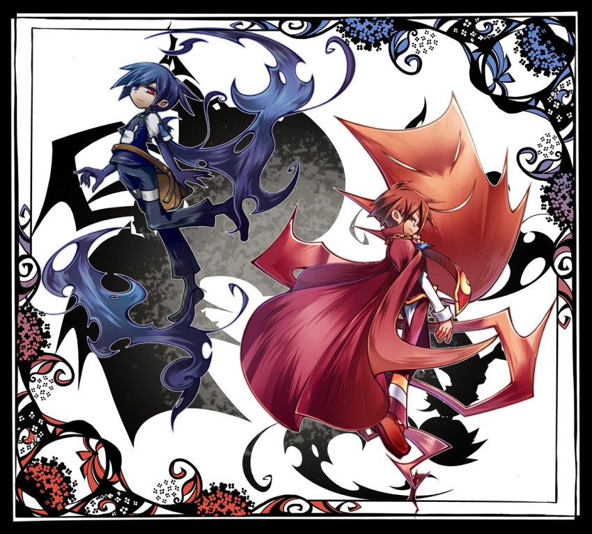 2boys aishiklu bad_id bad_pixiv_id bag black_eyes black_hair black_sig cape chain glasses heterochromia klug_(puyopuyo) madou_monogatari male_focus multiple_boys necktie pants puyopuyo puyopuyo_fever red_eyes red_hair shirt shoes sig_(puyopuyo) smile strange_klug