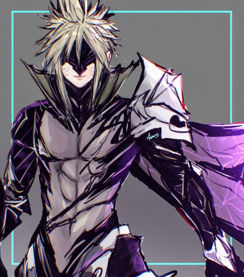 1boy armor blonde_hair bodystocking cloud_strife cloud_strife_(bahamut_garb) covered_abs dragon_wings eye_mask facial_mark final_fantasy final_fantasy_vii final_fantasy_vii_ever_crisis grey_background hair_between_eyes highres official_alternate_costume pectorals shinogu_r short_hair shoulder_armor sign single_shoulder_pad single_wing solo spiked_hair upper_body wings