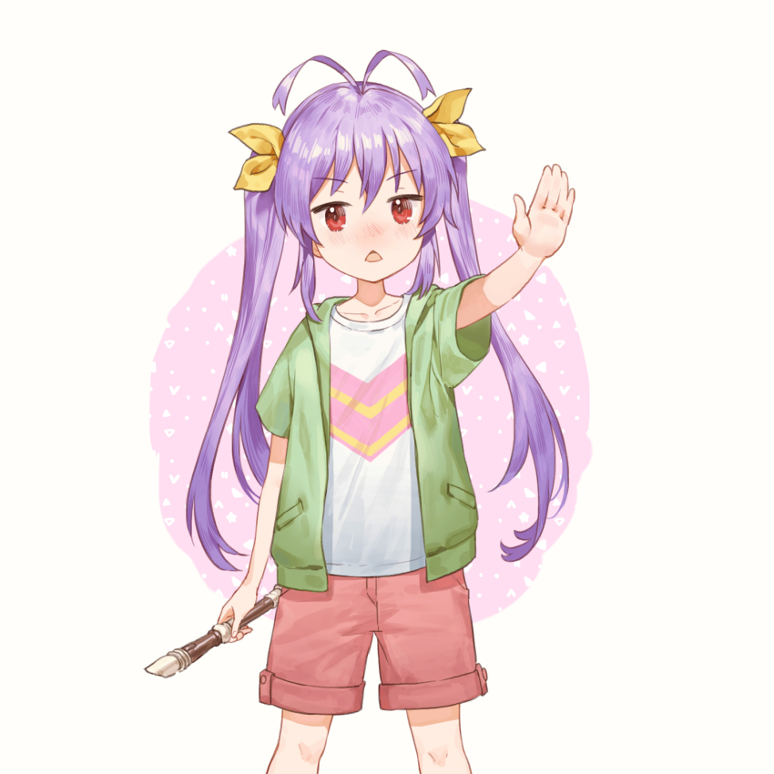 1girl antenna_hair bare_arms blush bow circle collarbone commentary_request cowboy_shot denim denim_shorts flute green_jacket hair_bow highres holding holding_flute holding_instrument instrument jacket knees long_hair looking_at_viewer miyauchi_renge non_non_biyori open_clothes open_jacket open_mouth outstretched_hand pocket purple_hair red_eyes red_shorts shirt short_sleeves shorts simple_background solo standing takenoko_(531) triangle_mouth twintails very_long_hair white_background white_shirt yellow_bow