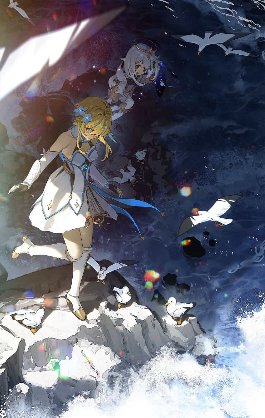 2girls absurdres bird black_scarf blonde_hair blurry blurry_foreground commentary_request detached_sleeves dress floating flower from_above genshin_impact gloves hair_between_eyes hair_flower hair_ornament halo high_heels highres joehongtee kneehighs lumine_(genshin_impact) mechanical_halo multiple_girls paimon_(genshin_impact) partially_fingerless_gloves rock romper scarf scenery short_hair_with_long_locks sidelocks socks water waves white_dress white_flower white_hair white_romper white_scarf yellow_eyes