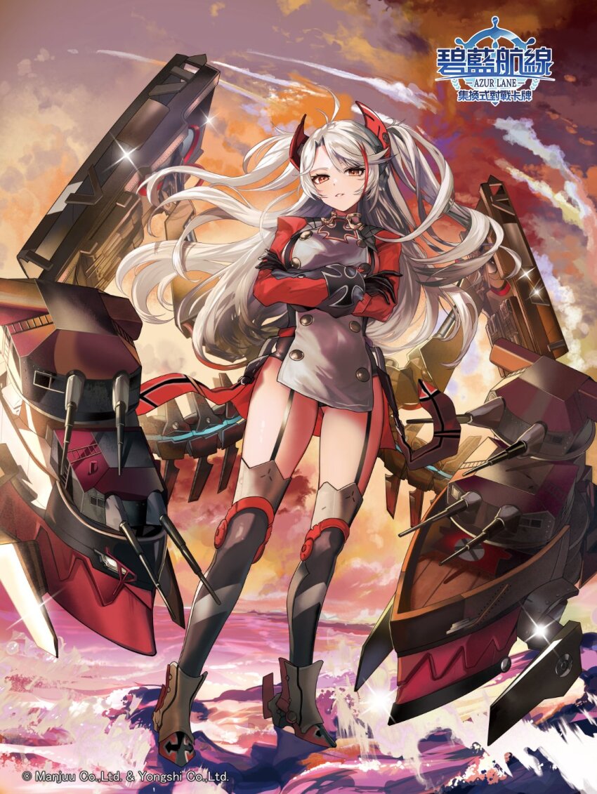 1girl antenna_hair azur_lane black_garter_straps black_gloves boots breasts buttons cross crossed_arms double-breasted full_body garter_straps gloves grey_hair hair_between_eyes highres iron_cross long_hair long_sleeves looking_at_viewer medium_breasts mizushirazu multicolored_hair official_art prinz_eugen_(azur_lane) red_hair rigging solo standing standing_on_liquid streaked_hair two-tone_hair yellow_eyes