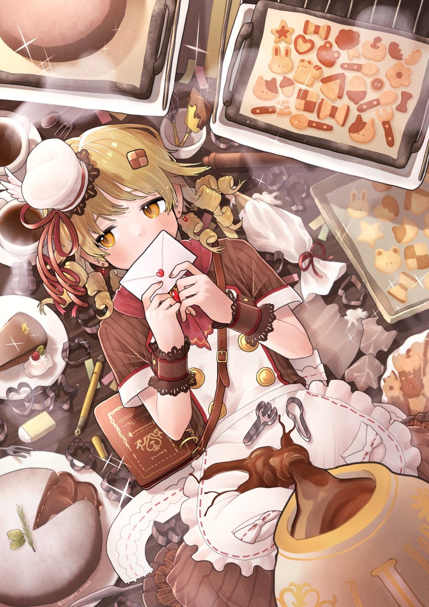 1girl absurdres alternate_costume apron bakery baking_sheet blush bracelet cake chocolate coffee cookie cookie_cutter cookie_hair_ornament covered_mouth dress enmaided food food-themed_hair_ornament frilled_apron frills glint hair_ornament hat highres holding holding_letter idolmaster idolmaster_cinderella_girls jewelry lace-trimmed_cuffs letter looking_away lying maid morikubo_nono ningen_mame on_back patissier ringlets shop shoulder_strap solo steam striped_clothes striped_dress