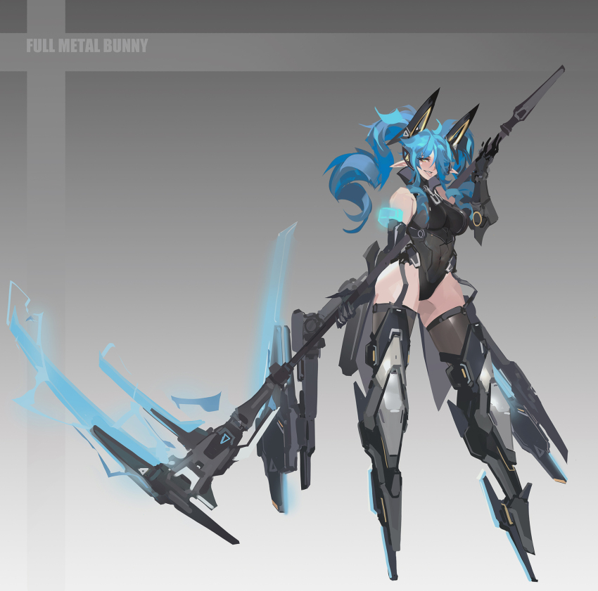 1girl black_gloves black_leotard breasts full_body gloves grey_background hair_over_one_eye highres holding holding_scythe leotard long_hair mecha_musume mechanical_legs medium_breasts original pointy_ears scythe simple_background smjim1986 solo twintails weapon_behind_back