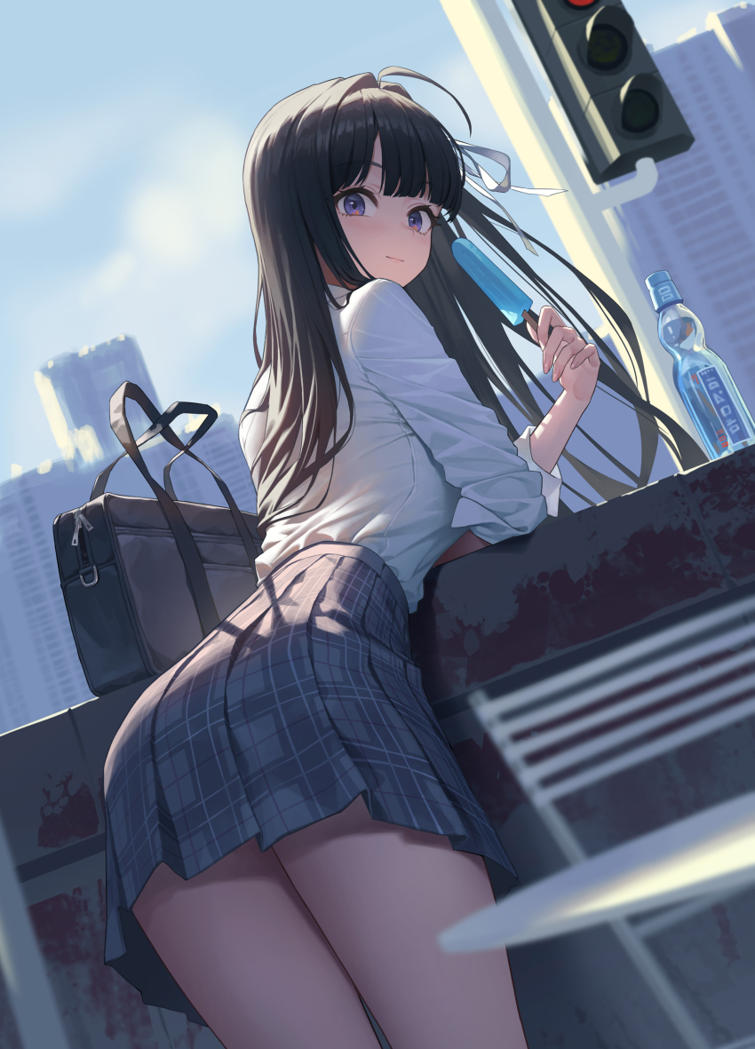 1girl absurdres ahoge awa_subaru bag blunt_bangs blurry blurry_background blurry_foreground bottle city cityscape closed_mouth collared_shirt dutch_angle food from_behind girls_band_cry hair_intakes hair_ribbon high-waist_skirt highres holding holding_food holding_popsicle lamppost leaning_forward long_hair looking_at_viewer looking_back plaid_clothes plaid_skirt popsicle purple_eyes ribbon school_bag school_uniform shirt shirt_tucked_in skirt sleeves_rolled_up smile solo table thighs water_bottle white_ribbon white_shirt xzu