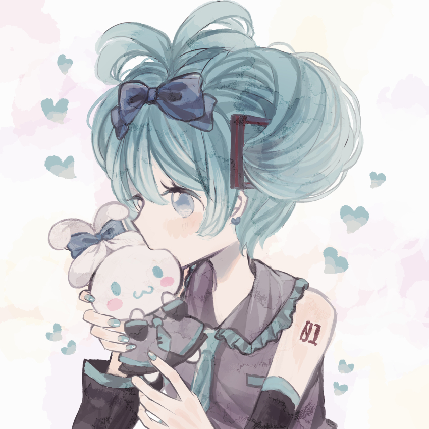 1girl :3 aqua_bow aqua_eyes aqua_hair aqua_nails aqua_necktie arm_warmers bare_shoulders biting blue_eyes blush_stickers bow cinnamiku cinnamoroll collared_shirt creature earrings fingernails frilled_shirt frills from_side fuwa_fuwa_cinnamoroll grey_shirt hair_bow hairstyle_request hatsune_miku head_biting heart heart_earrings highres jewelry nail_polish necktie number_tattoo sanrio shirt shoulder_tattoo simple_background sleeveless sleeveless_shirt supika tattoo turning_head twintails vocaloid white_background