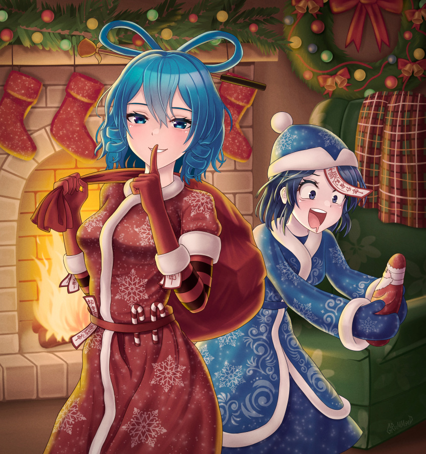 2girls absurdres alternate_costume armchair blue_coat blue_eyes blue_hair blue_hat blue_mittens blue_skirt blush breasts chair christmas christmas_stocking christmas_wreath coat cowboy_shot dress drill_hair drill_sidelocks finger_to_mouth fire fireplace gloves grin grummsed hair_ornament hair_stick hat highres indoors jiangshi kaku_seiga looking_at_viewer medium_breasts mittens miyako_yoshika multiple_girls ofuda open_mouth pom_pom_(clothes) red_dress red_gloves round_teeth short_hair shushing sidelocks skirt smile snowflake_print teeth touhou upper_teeth_only wreath