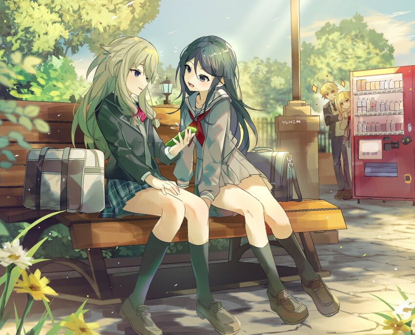 3girls bag bench black_hair blonde_hair blue_eyes flower highres hoshino_ichika_(project_sekai) jacket kusanagi_nene long_hair multiple_girls open_mouth outdoors project_sekai school_bag school_uniform serafuku shoes sitting skirt smile socks tenma_saki tenma_tsukasa tree yuhi_(hssh_6)