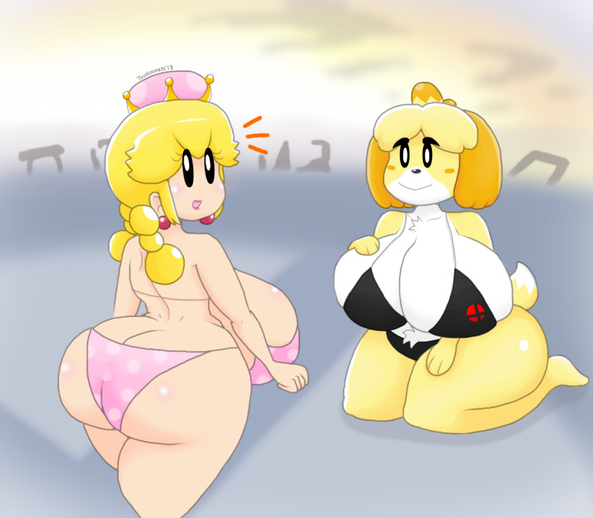 2girls animal_crossing animal_ears ass bikini blonde_hair breasts crown furry furry_female furry_with_non-furry highres huge_ass huge_breasts interspecies isabelle_(animal_crossing) lipstick looking_at_viewer looking_back makeup mario_(series) multiple_girls new_super_mario_bros._u_deluxe nintendo open_mouth peachette pink_lips super_smash_bros. swimsuit tail touhoufan twintails