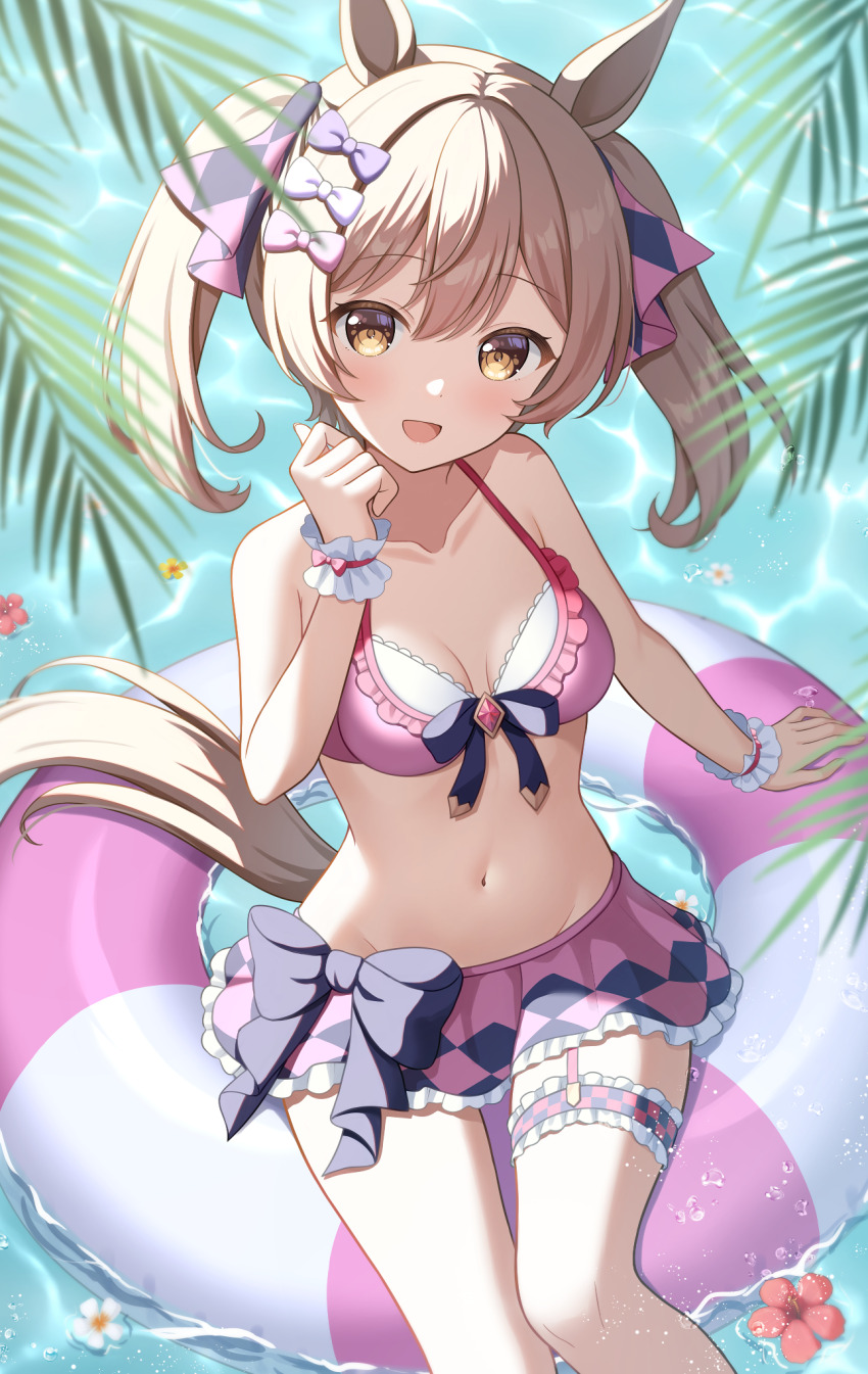 1girl animal_ears bikini blush bow breasts brown_hair ear_bow flower frilled_bikini frills hair_ornament highres horse_ears horse_girl horse_tail innertube kurumi_lm looking_at_viewer medium_breasts navel ocean open_mouth outdoors pink_bow smart_falcon_(umamusume) smile solo swim_ring swimsuit tail umamusume