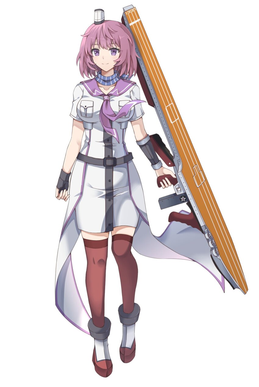 1girl adapted_turret adapted_uniform belt boots breasts collar cosplay dress flight_deck full_body gloves hair_between_eyes highres kantai_collection large_breasts lexington_(kancolle) light_smile machinery maglev_ahoge_(oamiadufic) medium_hair neckerchief necktie purple_eyes purple_hair purple_neckerchief purple_necktie red_thighhighs rigging sailor_collar sailor_dress saratoga_(kancolle) saratoga_(kancolle)_(cosplay) scarf ship_turret simple_background single_glove smile smokestack solo standing thighhighs white_background white_dress