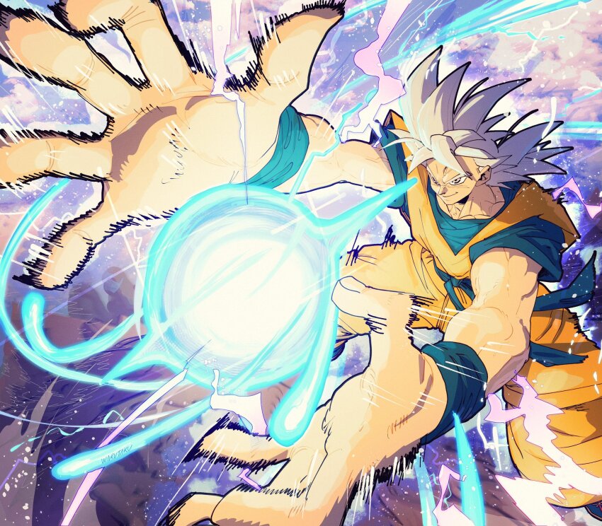 1boy blue_sash blue_shirt closed_mouth collarbone dougi dragon_ball dragon_ball_super emphasis_lines energy_ball highres male_focus muscular muscular_male orange_pants pants sash shirt short_sleeves smirk solo son_goku spiked_hair taku_(aywakutakuay) ultra_instinct white_eyes white_hair