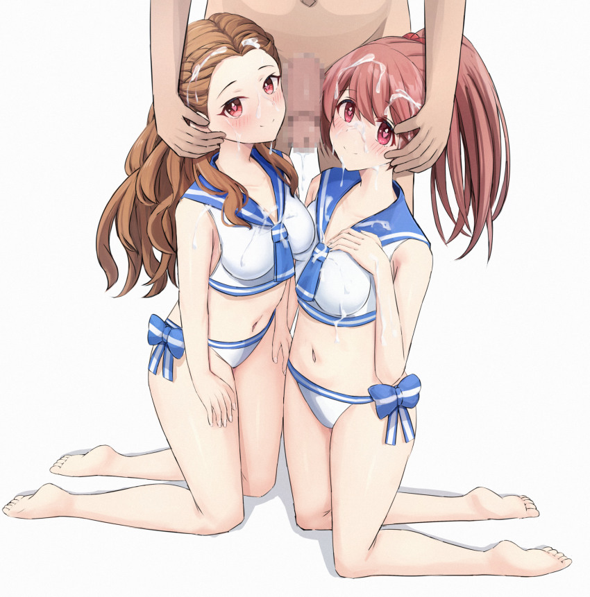 1boy 2girls barefoot bikini blue_sailor_collar blush braid brown_hair censored closed_mouth clothed_female_nude_male commentary_request ffm_threesome forehead group_sex hair_between_eyes hand_on_own_chest heart heart-shaped_pupils hetero highres idolmaster idolmaster_cinderella_girls kneeling large_variant_set legs long_hair mosaic_censoring multiple_girls navel nude penis purple_eyes red_eyes red_scrunchie sailor_bikini sailor_collar sailor_swimsuit_(idolmaster) scrunchie seki_hiromi shiina_noriko side-tie_bikini_bottom simple_background standing swimsuit symbol-shaped_pupils tabii thighs threesome variant_set white_background