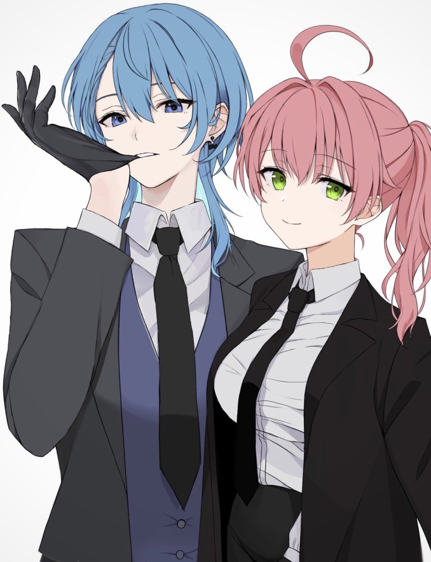 2girls ahoge biting biting_glove black_gloves black_necktie black_suit blue_eyes blue_hair breasts closed_mouth collared_shirt earrings formal gloves highres hololive hoshimachi_suisei impossible_clothes impossible_shirt jewelry large_breasts looking_at_viewer mochi_jiro mouth_hold multiple_girls necktie pink_hair ponytail sakura_miko shirt suit teeth_hold virtual_youtuber white_shirt wolf_cut