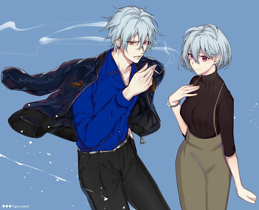 1boy 1girl antenna_hair aohitsugi_nemu aohitsugi_samatoki black_jacket black_pants blue_background blue_shirt bracelet brother_and_sister cigar closed_mouth ear_piercing eyes_visible_through_hair hair_between_eyes hand_in_pocket highres hypnosis_mic jacket jewelry long_sleeves looking_at_viewer messy_hair open_mouth pants piercing red_eyes shirt short_hair siblings silver_hair simple_background smile smoking tcb zipper