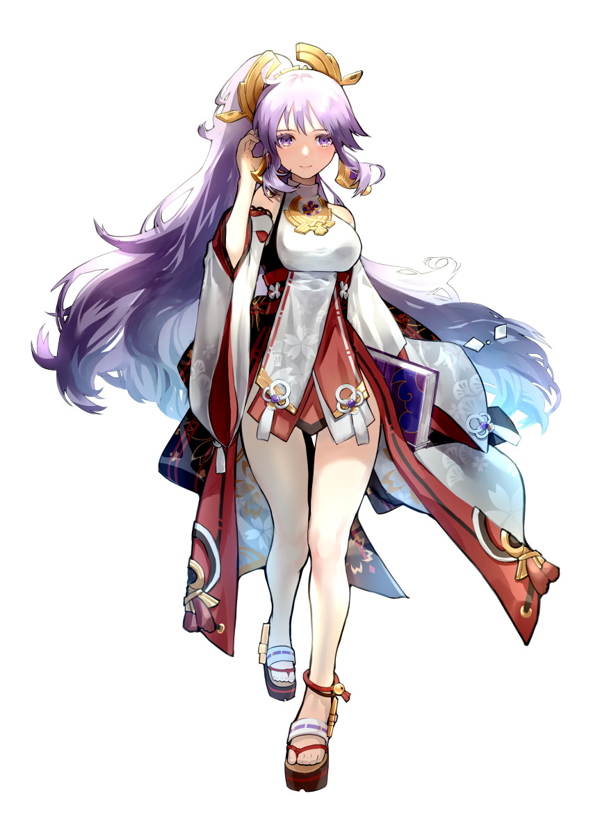 1girl absurdres alternate_costume bare_legs commission commissioner_upload cosplay fire_emblem fire_emblem:_genealogy_of_the_holy_war genshin_impact hair_ornament highres ishtar_(fire_emblem) japanese_clothes lala_(sputnik) legs long_hair long_sleeves nintendo non-web_source purple_eyes purple_hair ratana_therakulsathit sandals voice_actor_connection white_background yae_miko zouri