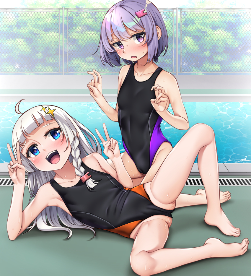 2girls ahoge arai_togami barefoot black_one-piece_swimsuit blunt_bangs braid brown_eyes chain-link_fence competition_swimsuit fence flat_chest grey_hair highres kizuna_akari kizuna_akari_(tsubomi) long_hair multiple_girls one-piece_swimsuit open_mouth pool poolside purple_eyes purple_hair short_hair single_braid smile swimsuit teeth two-tone_swimsuit upper_teeth_only v voiceroid yuzuki_yukari yuzuki_yukari_(shizuku)