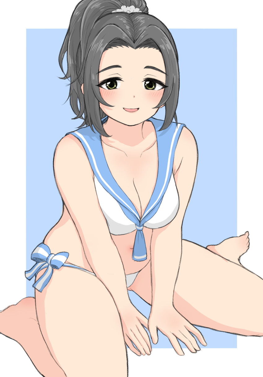 1girl :d bikini black_hair blush breasts cleavage ebihara_naho grey_eyes hair_ornament hair_scrunchie highres idolmaster idolmaster_cinderella_girls looking_at_viewer medium_breasts noe_aoikaba open_mouth plump ponytail sailor_bikini sailor_collar sailor_swimsuit_(idolmaster) scrunchie sitting smile solo swimsuit wariza white_bikini