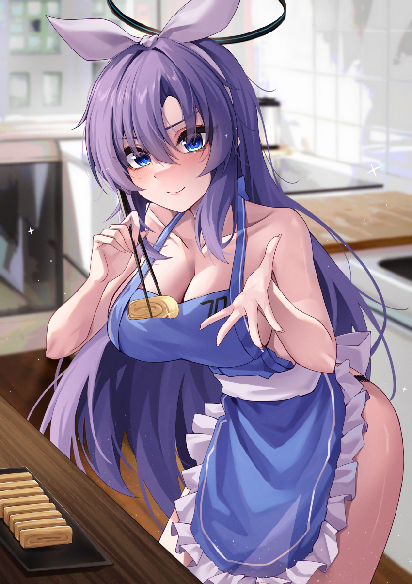 1girl absurdres apron bare_shoulders blue_archive breasts cleavage hair_ribbon hidel highres long_hair looking_at_viewer purple_eyes purple_hair ribbon smile solo yuuka_(blue_archive)