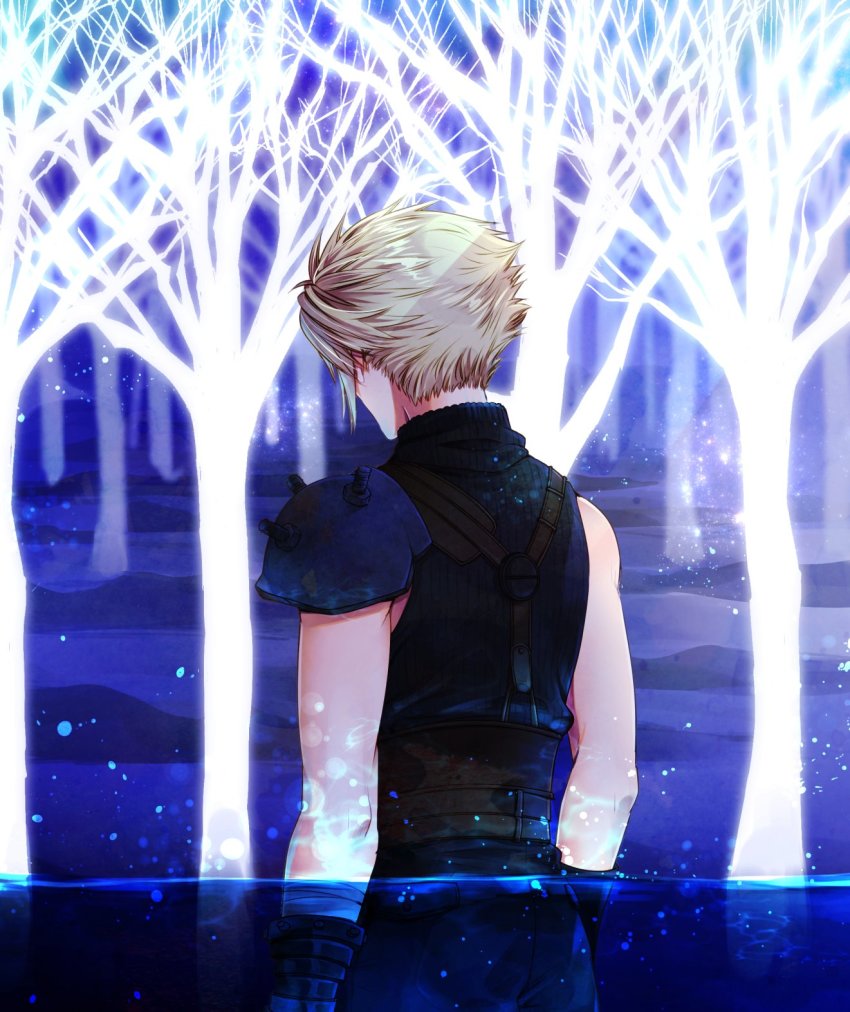 1boy armor belt blonde_hair blue_pants blue_shirt cloud_strife facing_away final_fantasy final_fantasy_vii final_fantasy_vii_remake forest forgotten_city highres looking_down male_focus nature pants partially_submerged partially_underwater_shot shimada_iwato shirt short_hair shoulder_armor sleeping_forest sleeveless sleeveless_turtleneck solo spiked_hair square_enix suspenders turtleneck underwater upper_body white_tree