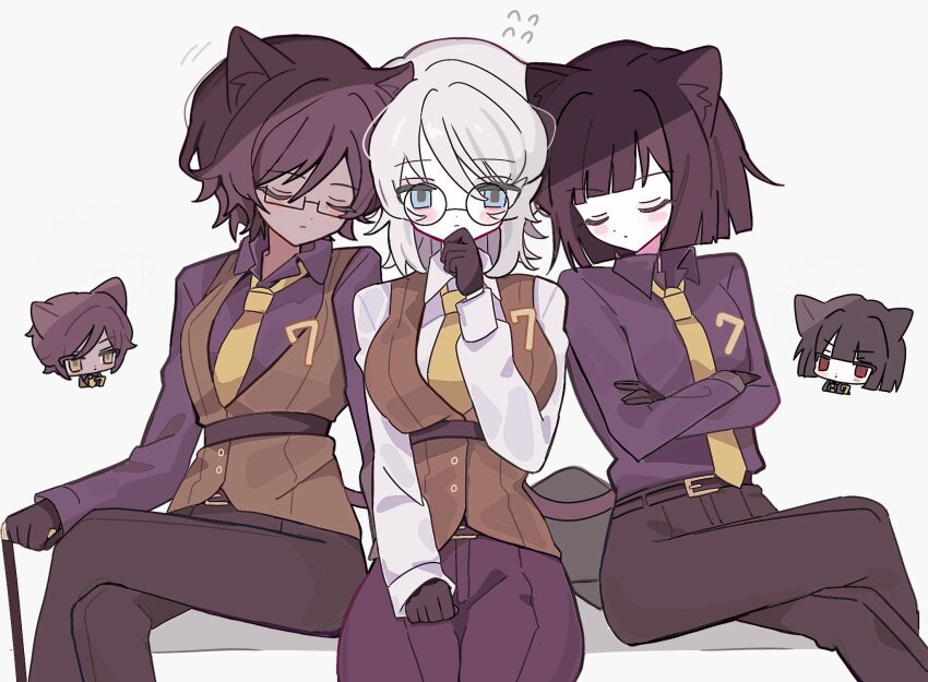 3girls 9_wapuwapu black_gloves black_pants black_shirt bob_cut breasts brown_vest closed_eyes closed_mouth faust_(project_moon) glasses gloves hand_up highres large_breasts limbus_company multiple_girls necktie outis_(project_moon) pants project_moon ryoshu_(project_moon) seven_association_(identity)_(project_moon) shirt short_hair sidelocks simple_background sitting sleeping vest white_background white_hair yellow_necktie