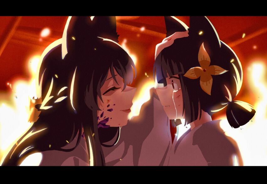 2girls animal_ears black_hair blunt_bangs child closed_eyes commentary_request crying crying_with_eyes_open fire fox_ears fox_girl headpat highres hoshimi_miyabi indoors japanese_clothes kimono korean_commentary licheu long_hair looking_at_another miyabi&#039;s_mother_(zenless_zone_zero) multiple_girls red_eyes sidelocks tears upper_body variant_set white_kimono zenless_zone_zero