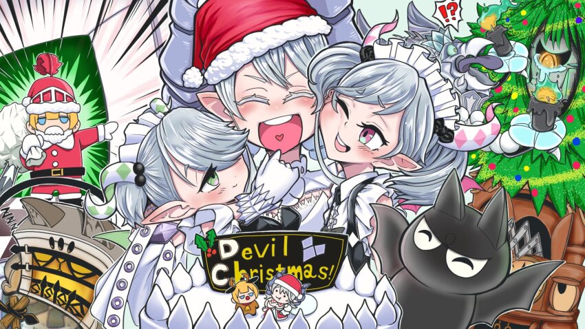 4girls arianna_the_labrynth_servant arianne_the_labrynth_servant blonde_hair chandelier christmas_tree demon_girl demon_horns drill_hair duel_monster green_eyes grey_hair group_picture hat highres horns knight_(yu-gi-oh!) labrynth_chandraglier labrynth_cooclock labrynth_stovie_torbie lovely_labrynth_of_the_silver_castle maid maid_headdress multiple_girls one_eye_closed pink_eyes pointy_ears santa_costume santa_hat twin_drills twintails yamasu_(tmy-0902) yu-gi-oh!