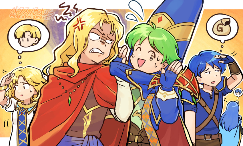 2girls 3boys anger_vein arlen_(fire_emblem) artist_name betabetamaru blonde_hair blue_hair caeda_(fire_emblem) caeda_(marth&#039;s_faithful)_(fire_emblem) cape castor_(fire_emblem) commentary_request fingerless_gloves fire_emblem fire_emblem:_mystery_of_the_emblem fire_emblem_heroes gloves green_hair highres jubelo_(fire_emblem) long_hair merric_(fire_emblem) merric_(wind_pontifex)_(fire_emblem) multiple_boys multiple_girls nintendo official_alternate_costume short_hair speech_bubble thought_bubble twitter_username yuliya_(fire_emblem)