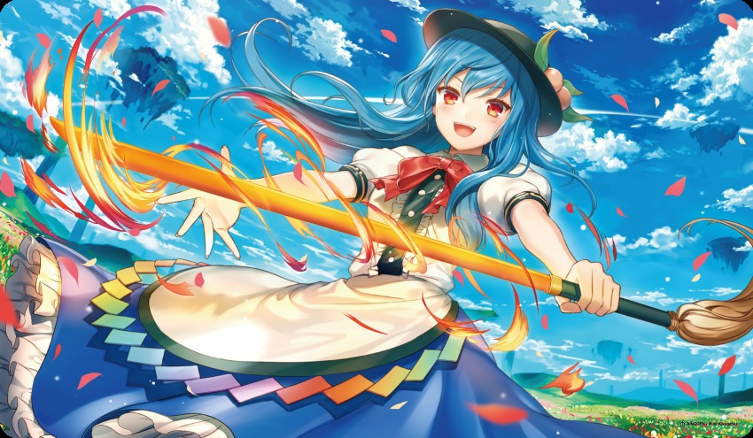 1girl :d black_hat blue_hair blue_skirt blush cloud cloudy_sky day female_focus fire floating_hair floating_island food from_below fruit hair_between_eyes hat highres hinanawi_tenshi holding kikugetsu long_hair long_skirt looking_at_viewer open_mouth outdoors peach petals red_eyes shirt skirt sky smile solo standing touhou v-shaped_eyebrows white_shirt