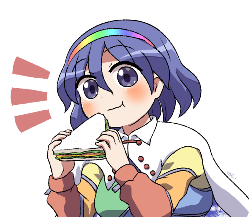 1girl blue_hair cape chewing closed_mouth collared_cape commentary_request food hair_between_eyes hairband holding holding_food holding_sandwich looking_at_viewer multicolored_clothes multicolored_hairband notice_lines patchwork_clothes portrait purple_eyes rainbow_gradient rokugou_daisuke sandwich short_hair signature simple_background sky_print solo tenkyuu_chimata touhou two-sided_cape two-sided_fabric white_background white_cape