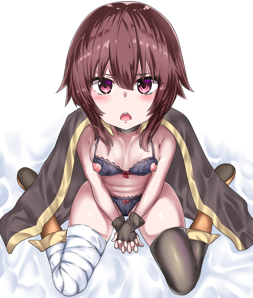 1girl bad_id bad_pixiv_id bandaged_leg bandages bed_sheet between_legs black_bra black_gloves black_panties black_thighhighs blush boots bra breasts brown_hair cape choker female_focus fingerless_gloves gloves hand_between_legs highres interlocked_fingers kono_subarashii_sekai_ni_shukufuku_wo! kukkumann looking_at_viewer megumin nipple_cutout nipples no_headwear open_mouth own_hands_together panties red_eyes short_hair single_thighhigh sitting small_breasts solo thighhighs underwear wariza