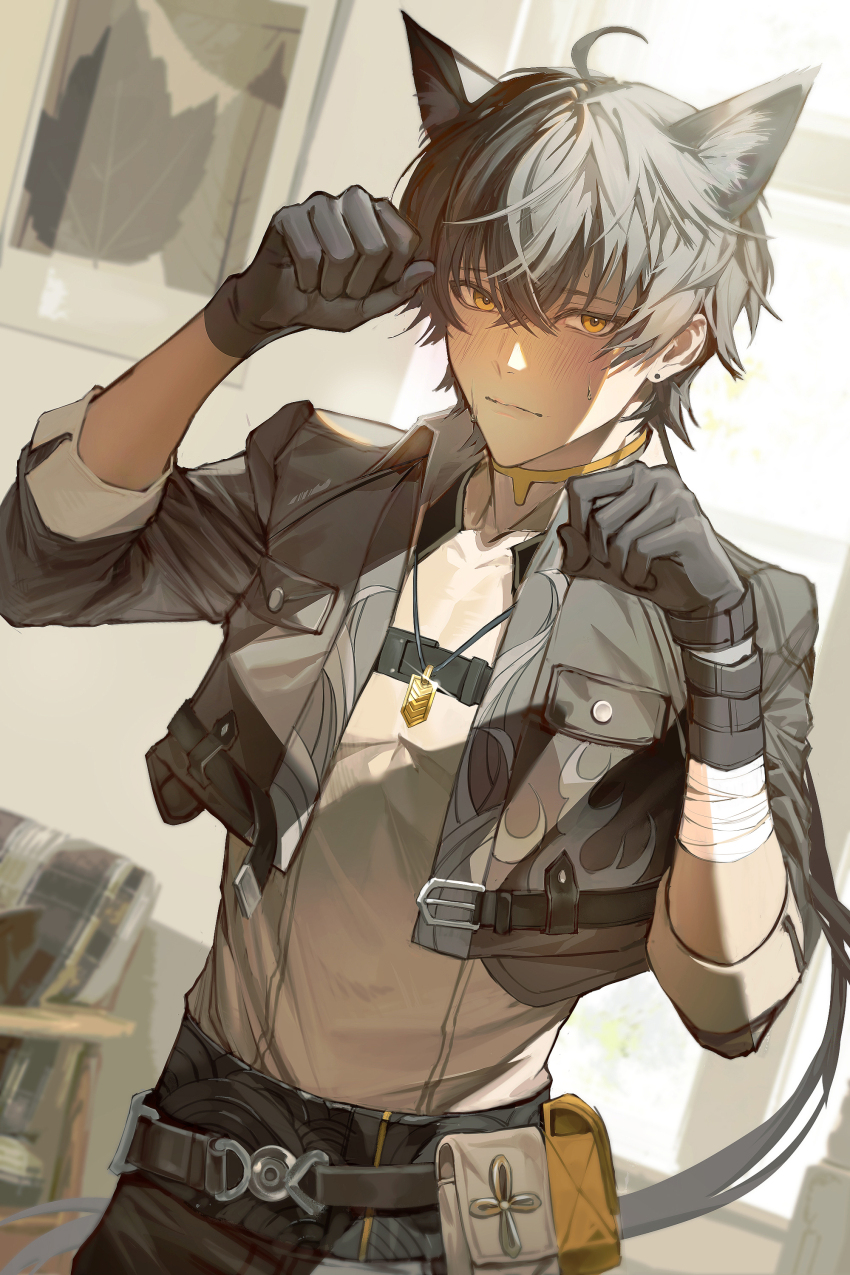 1boy absurdres animal_ear_fluff animal_ears bandaged_arm bandages black_gloves black_hair black_jacket black_pants blush cat_ears closed_mouth collared_jacket commentary cropped_jacket embarrassed gloves grey_shirt highres jacket kemonomimi_mode looking_at_viewer male_focus male_rover_(wuthering_waves) pants paw_pose rover_(wuthering_waves) shirt solo suhsuh symbol-only_commentary wuthering_waves yellow_eyes