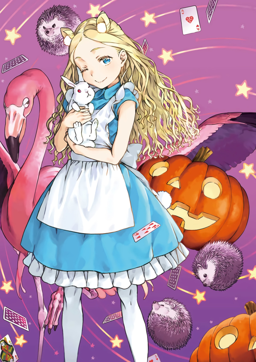 1girl alice_anotherbible animal animal_ears apron bird blonde_hair blue_dress blue_eyes card child closed_mouth cover cover_page dress flamingo frilled_dress frilled_skirt frills haimura_kiyotaka hedgehog highres holding holding_animal jack-o&#039;-lantern long_hair looking_at_viewer novel_cover official_art one_eye_closed pantyhose parted_bangs parted_hair playing_card pumpkin short_sleeves skirt smile solo standing textless_version toaru_majutsu_no_index toaru_majutsu_no_index:_genesis_testament wavy_hair white_apron white_pantyhose white_rabbit_(alice_in_wonderland)