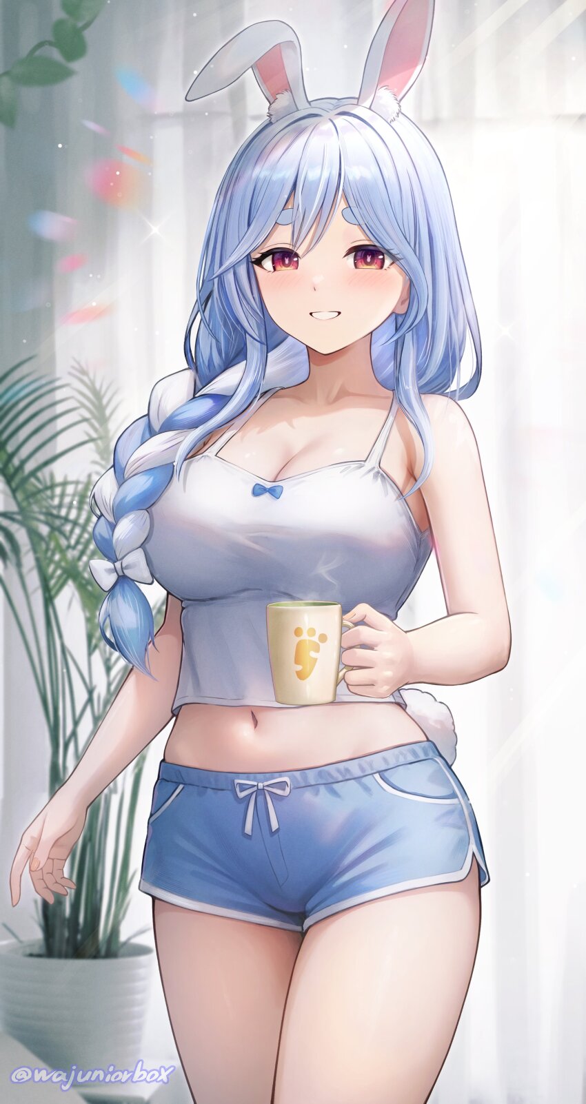 1girl absurdres animal_ear_fluff animal_ears blue_hair blue_shorts bow braid braided_ponytail breasts camisole cleavage cowboy_shot cup grin hair_between_eyes hair_bow hair_over_shoulder highres holding holding_cup hololive indoors large_breasts long_hair looking_at_viewer loungewear midriff multicolored_hair navel pekomama plant potted_plant rabbit-shaped_pupils rabbit_ears rabbit_girl red_eyes short_eyebrows short_shorts shorts smile solo standing streaked_hair symbol-shaped_pupils thick_eyebrows virtual_youtuber wajuniorbox white_bow white_camisole white_hair