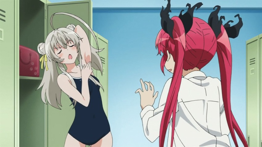 2girls :o ahoge animated animated_gif arm_up armpits bare_arms bare_shoulders black_ribbon blush collared_shirt cthugha_(nyaruko-san) double_bun closed_eyes female_focus hair_ribbon haiyore!_nyaruko-san huge_ahoge indoors locker locker_room long_sleeves multiple_girls neck nyarlathotep_(nyaruko-san) one-piece_swimsuit open_locker open_mouth red_hair ribbon rubbing shirt silver_hair smile standing swimsuit twintails what yuri