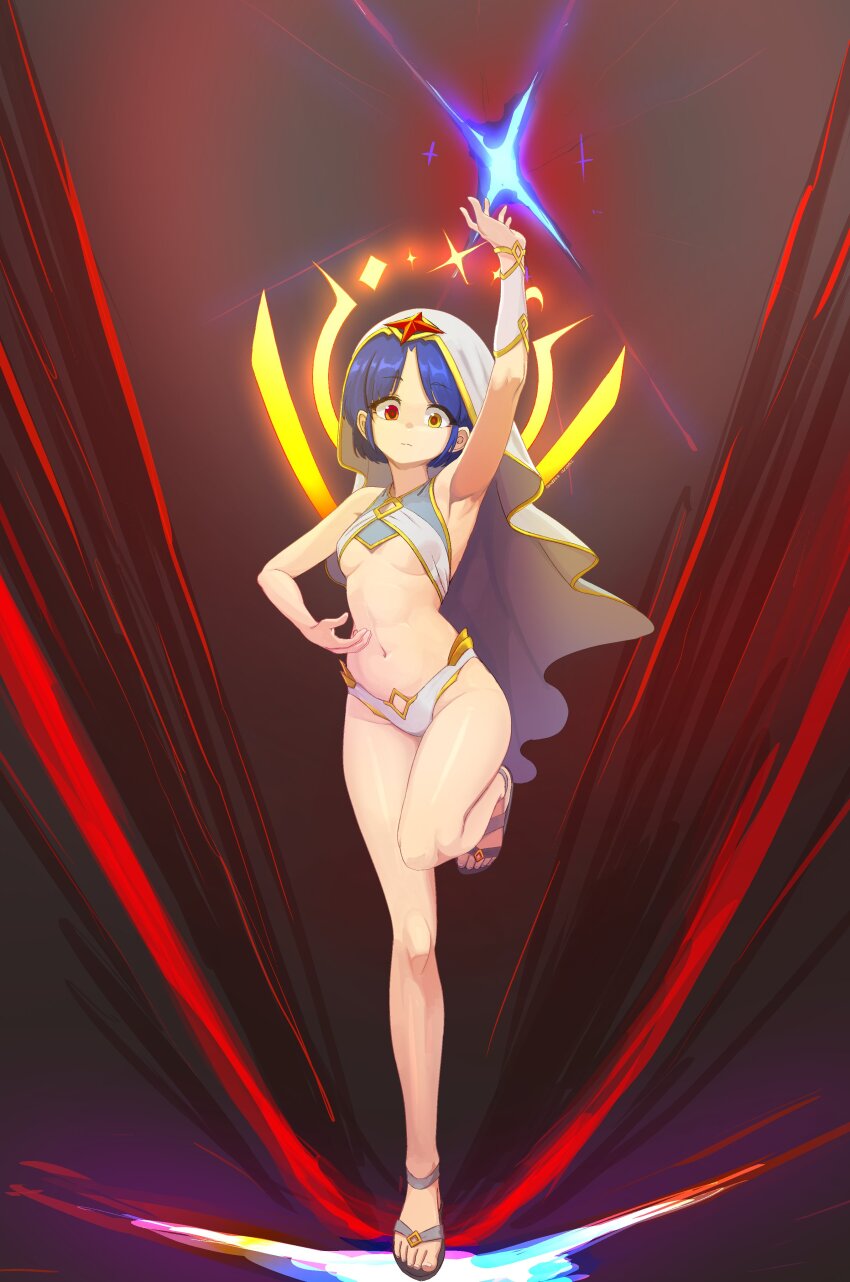 1girl absurdres arm_up bare_legs breasts dancer full_body heterochromia highres math midriff navel original red_eyes sandals short_hair single_bracer small_breasts solo standing standing_on_one_leg suweeka toes underboob veil yellow_eyes